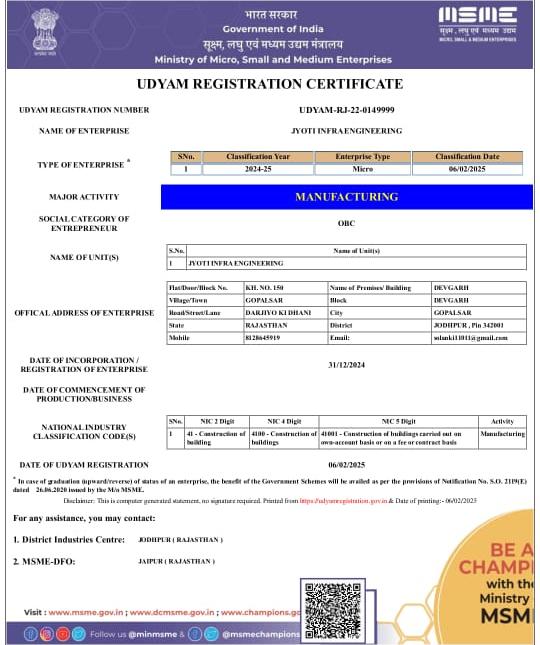 Class-A Infrastructure License - Jyoti Infra Engineering